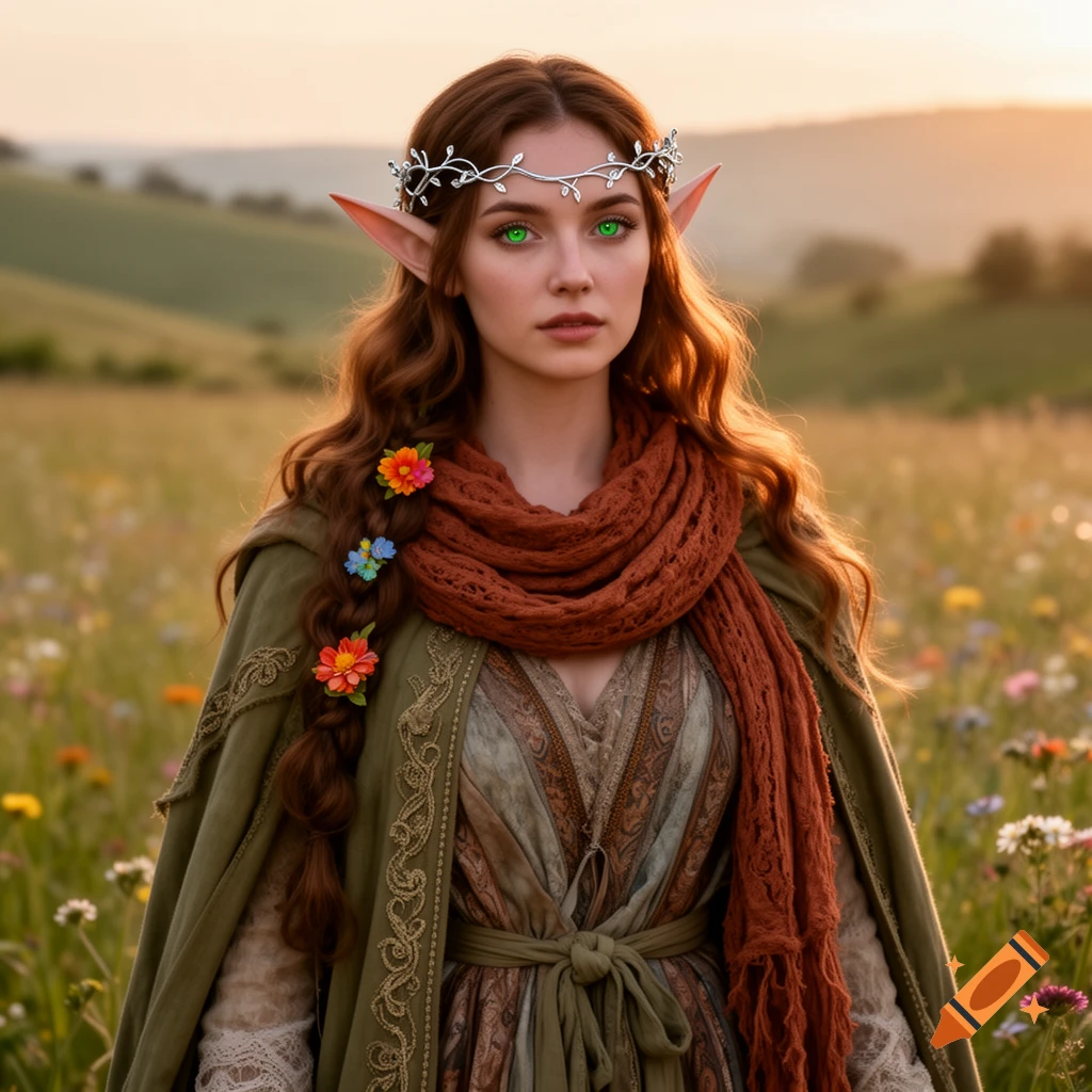 A photorealistic portrait of an elf woman with green eyes, long auburn hair, and a silver tiara, wearing a green cape and orange scarf in a sunlit wildflower field.