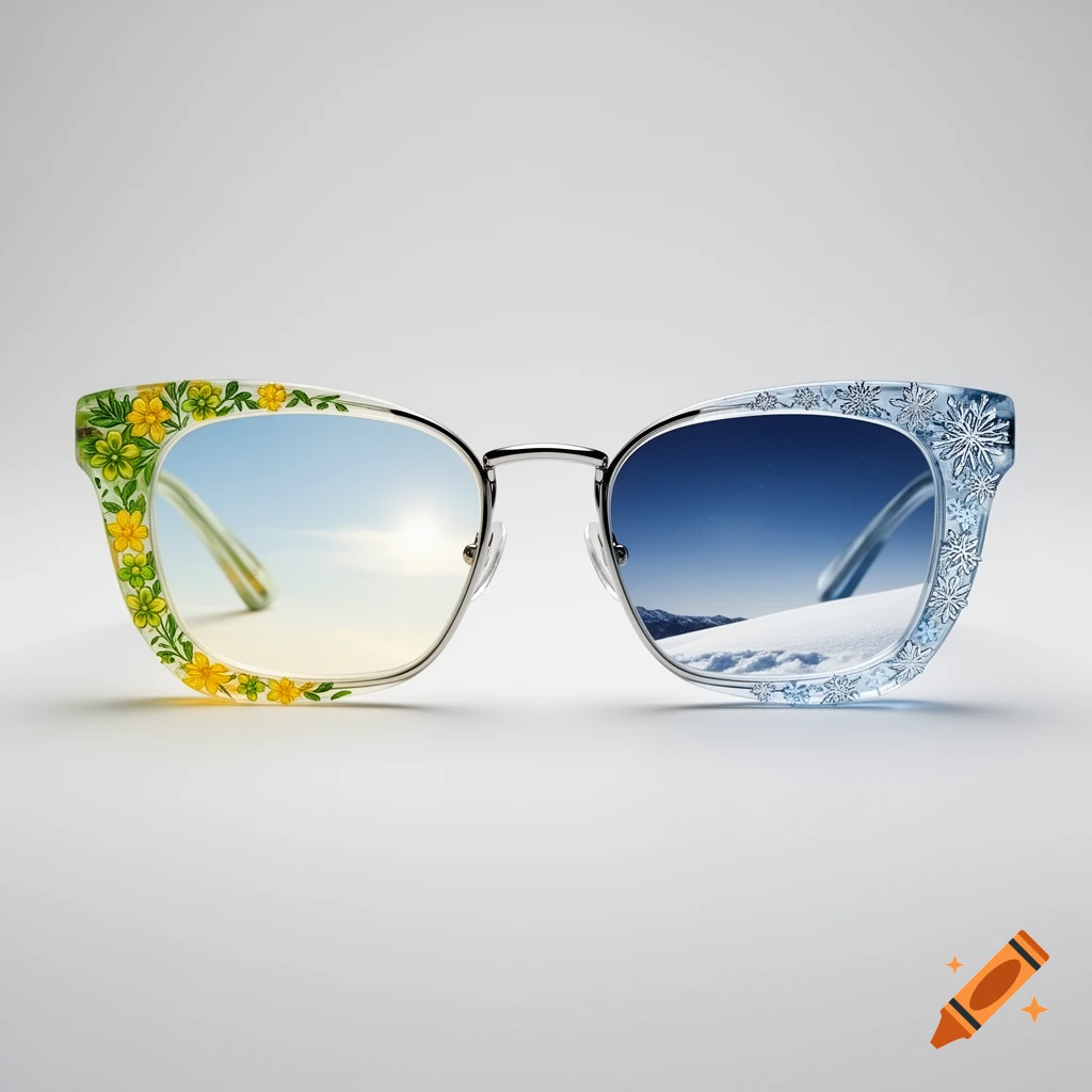 A pair of sunglasses featuring a summer theme with yellow flowers and a sunny sky on the left, and a winter theme with snowflakes and a snowy landscape on the right.