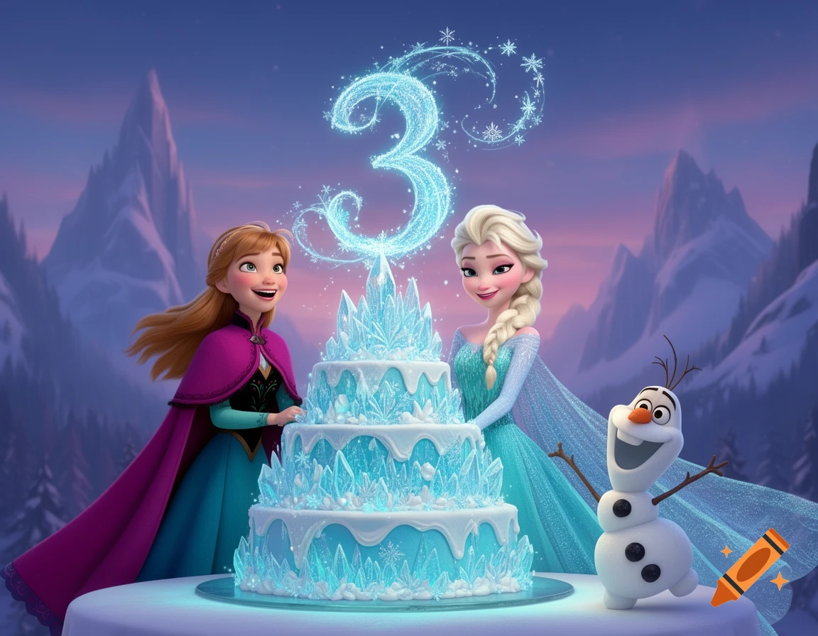 Anna and Elsa stand smiling with a multi-tiered ice-themed birthday cake, a glowing '3' above it, and Olaf the snowman on the right, all in a snowy mountain landscape.