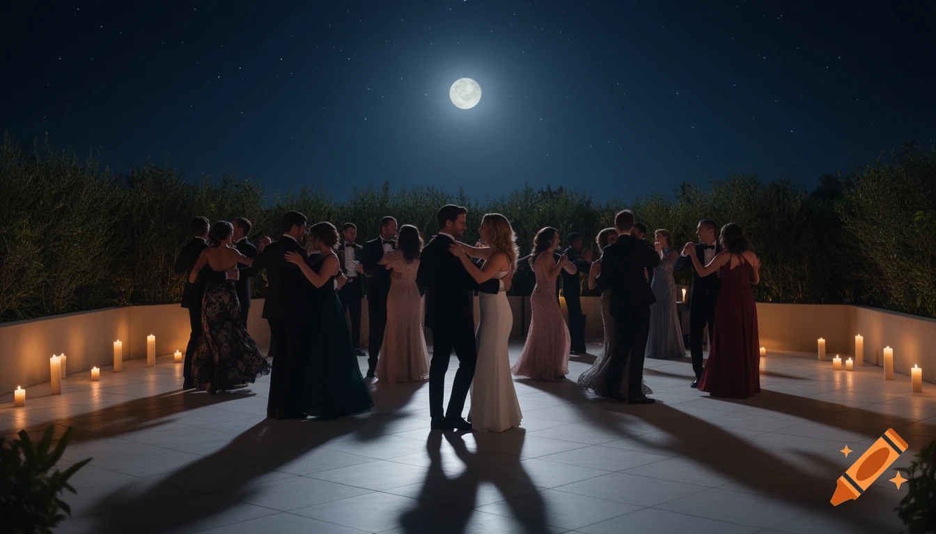 Photorealistic image of couples slow dancing on an outdoor patio lit by candles and a full moon under a starry night sky.