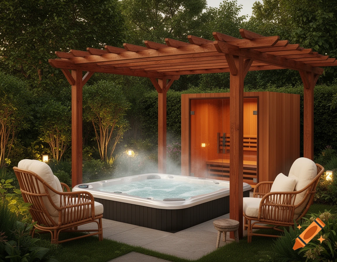 Photorealistic garden with a bubbling hot tub under a wooden pergola, flanked by two wicker chairs and a wooden sauna.