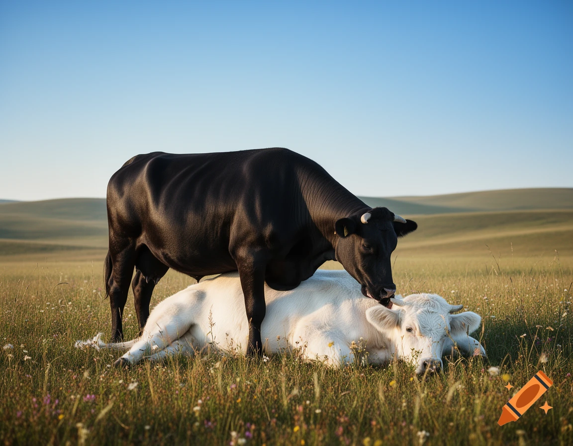 A black cow stands over a white cow lying in a sunny, grassy field with a clear blue sky, photorealistic.