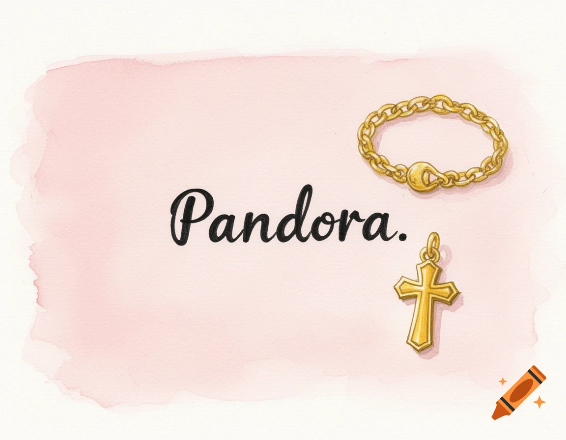 A pink watercolor card with 'Pandora.' in black script, a golden chain bracelet, and a golden cross charm illustration.