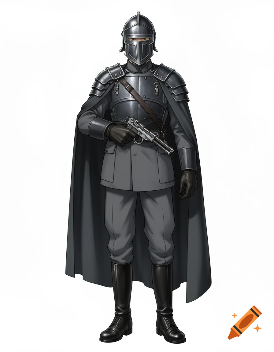 Anime illustration of a soldier in dark gray military uniform, steel armor, cape, and helmet, holding a pistol.