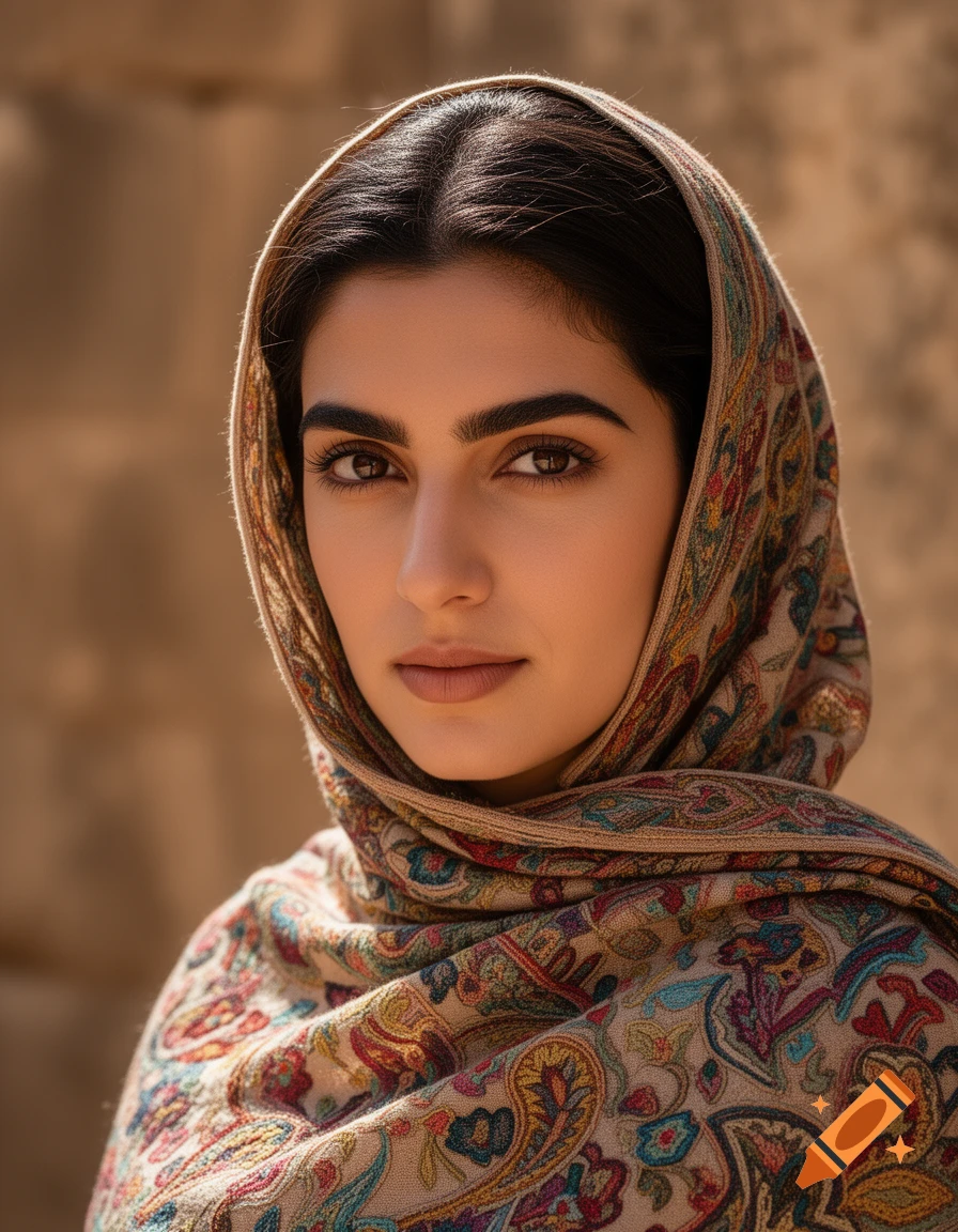A close-up, photorealistic portrait of a young woman with dark hair and brown eyes, wearing a patterned headscarf.