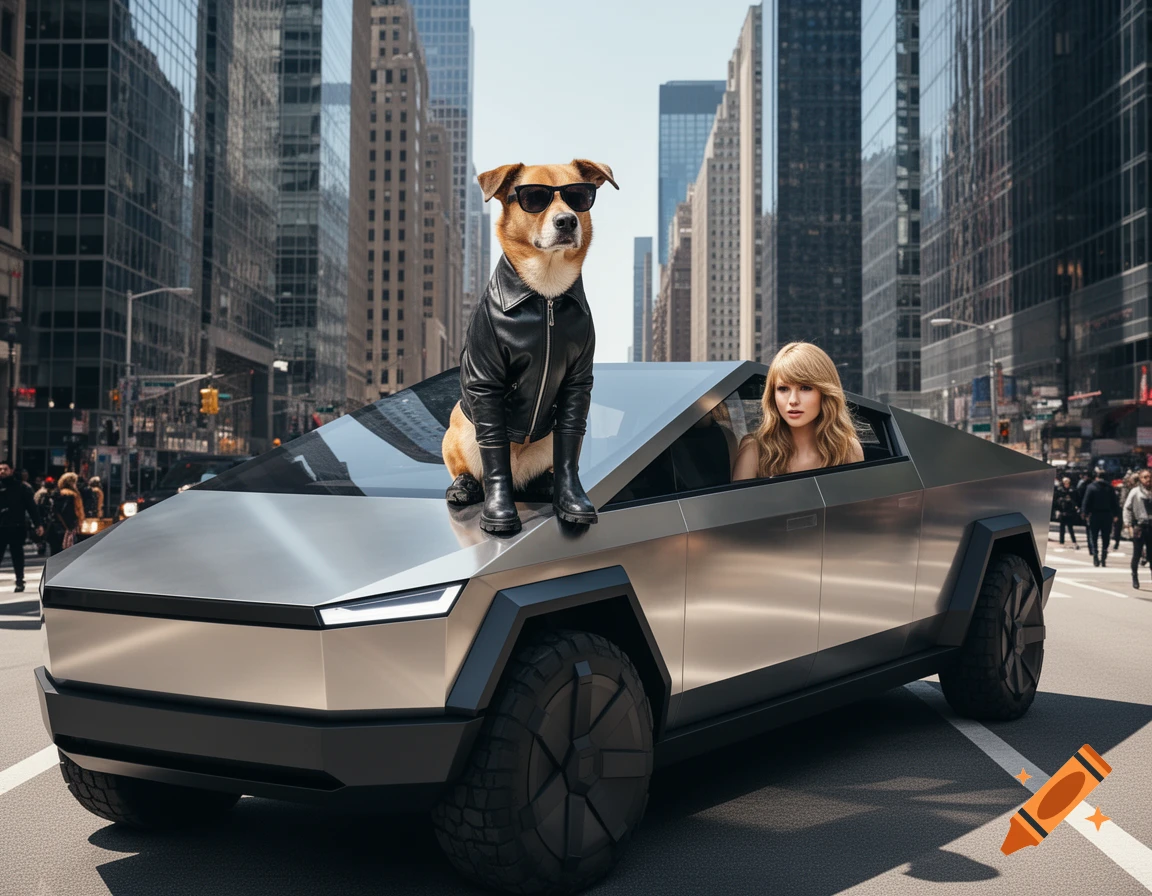 A photorealistic image of a dog in a leather jacket and sunglasses sitting on a Tesla Cybertruck with Taylor Swift in the driver's seat on a city street.