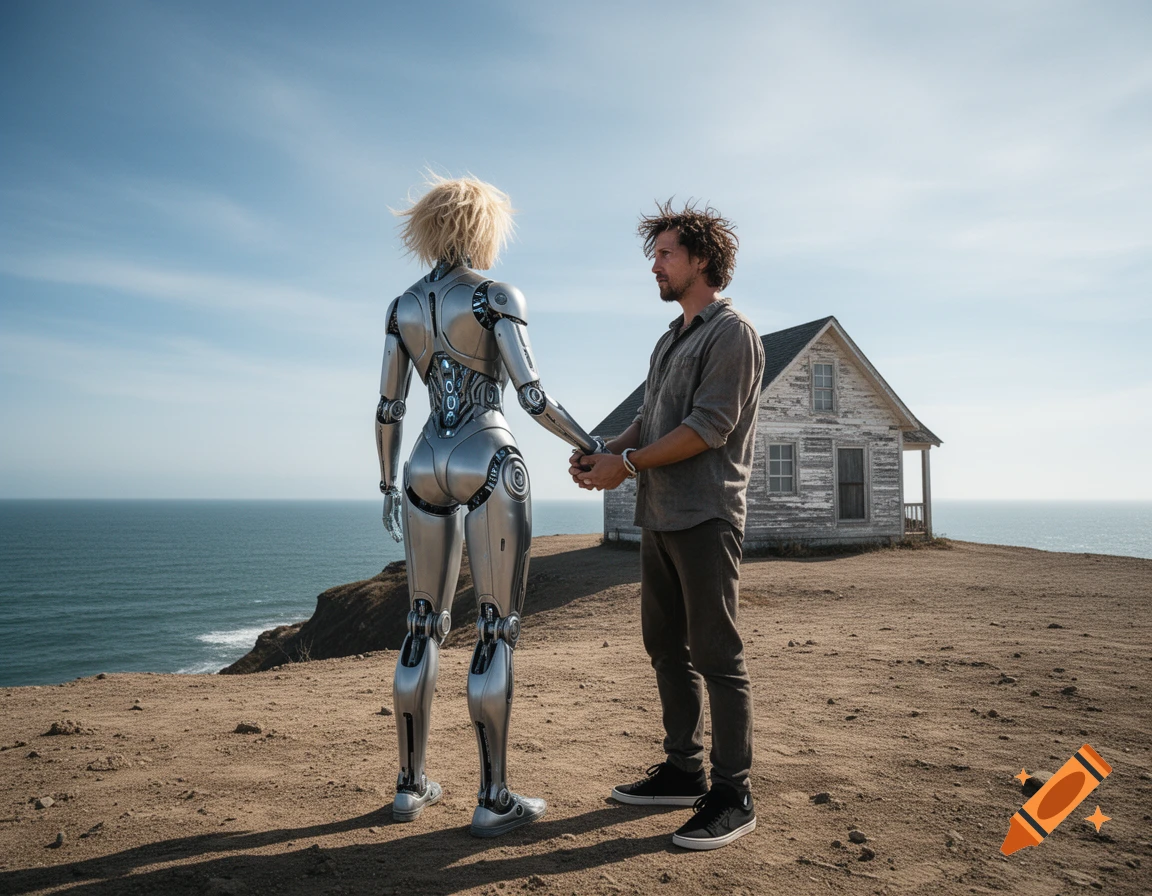 A photorealistic female android and a man hold hands on a cliff overlooking the ocean, a dilapidated house behind them.