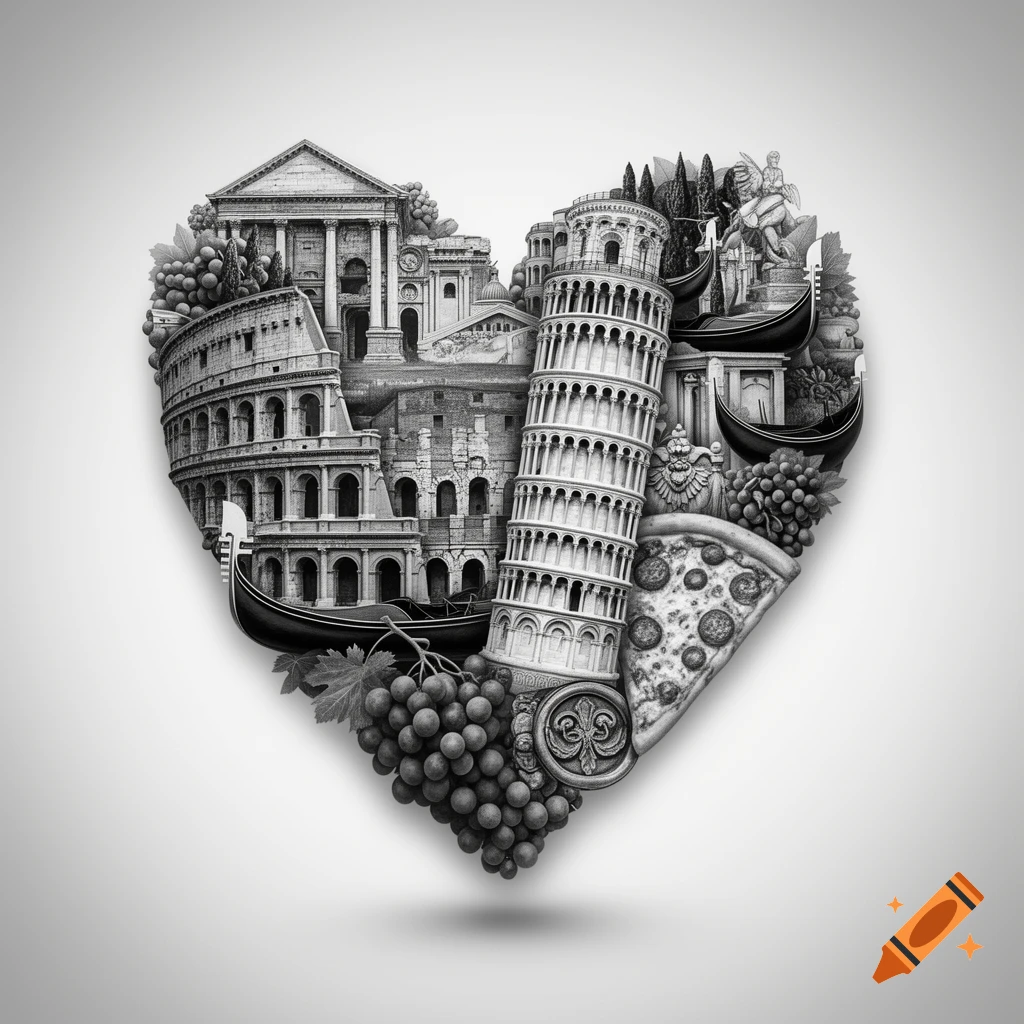 Black and white heart-shaped collage featuring Italian landmarks like the Colosseum, Leaning Tower of Pisa, gondolas, grapes, and pizza.