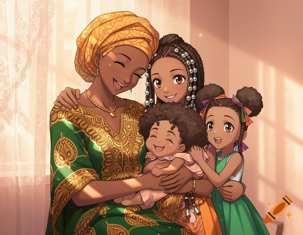 African anime style illustration of a mother in a gold headwrap and green dress hugging her three smiling daughters.