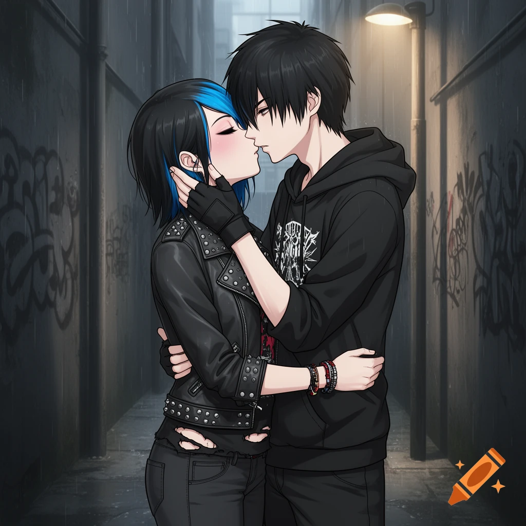 Anime emo couple kissing passionately in a rainy alley with graffiti.