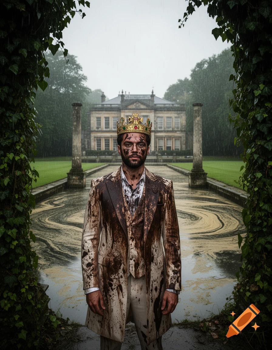 A photorealistic image of a muddy man wearing a crown in front of a grand mansion with a dirty moat.