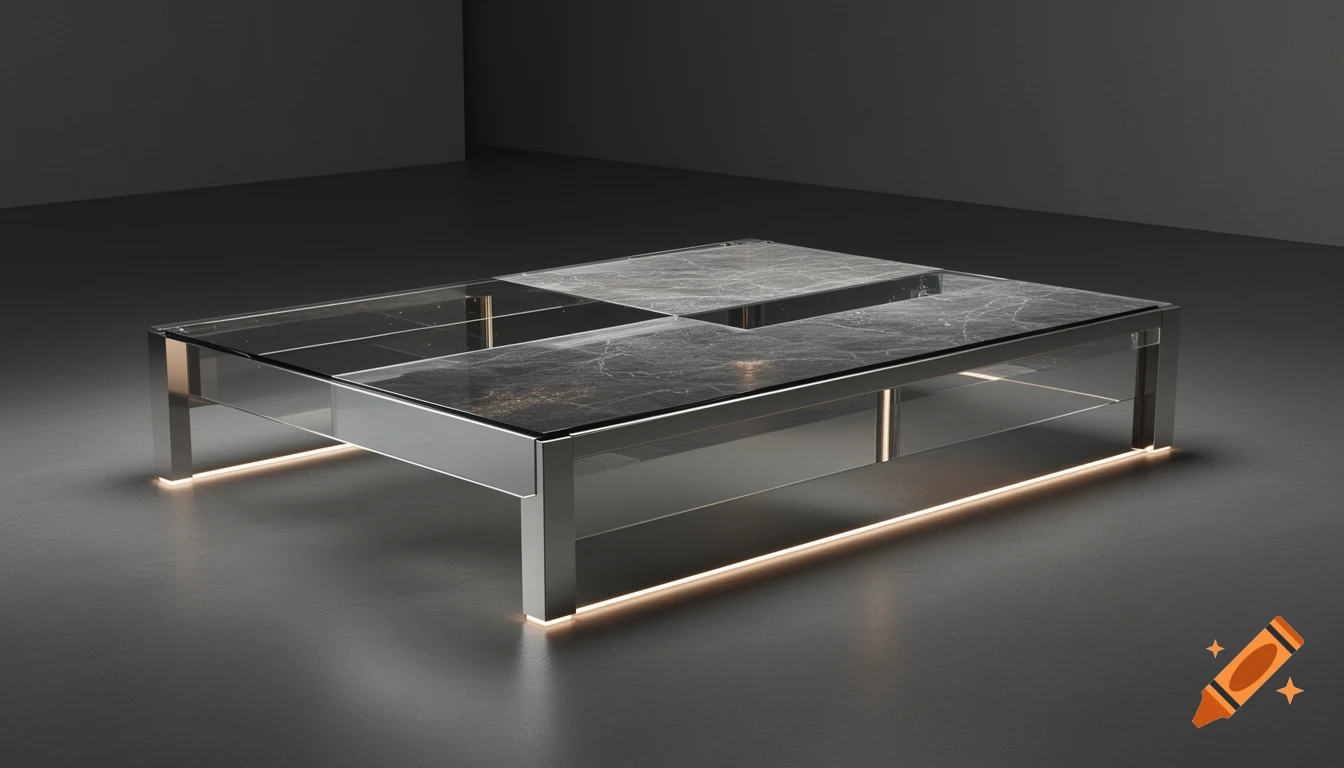 Sleek, modern coffee table with glass and dark marble top, metallic frame, and illuminated base in a minimalist setting.
