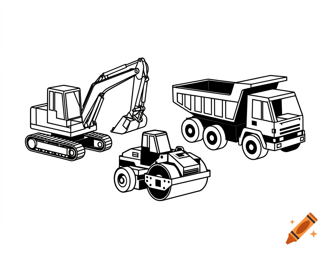 Simple black and white clip art of an excavator, steam roller, and dump truck clustered together.