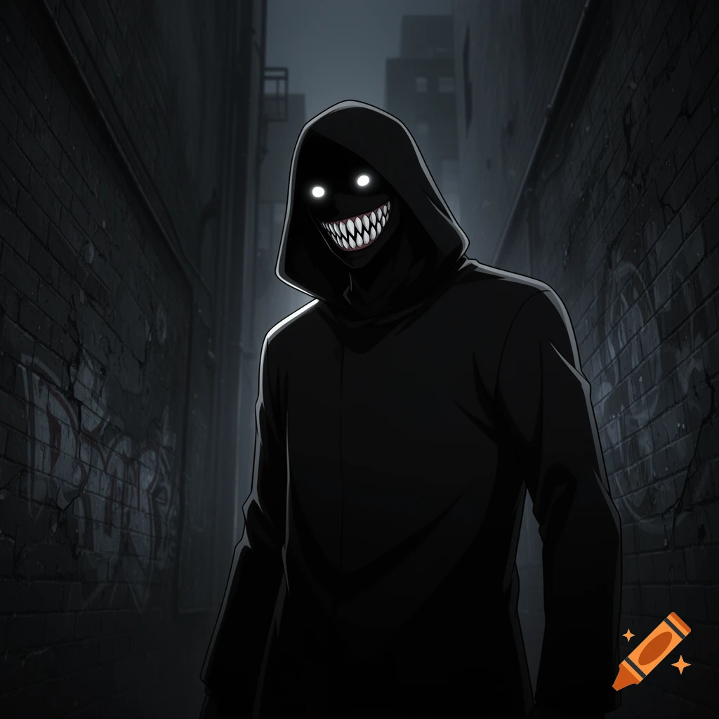 A dark, hooded figure with glowing eyes and a fanged grin stands in a gloomy alley in an anime style.
