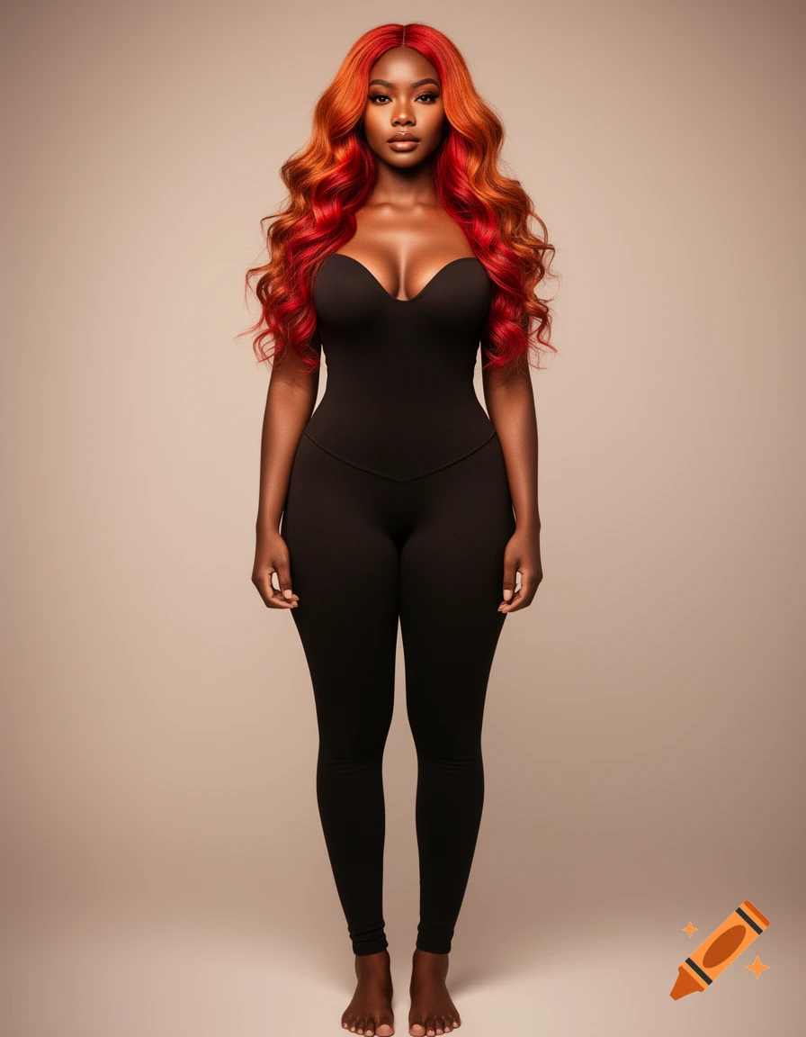 A dark-skinned woman with long, wavy red and orange hair stands facing forward, wearing a tight black strapless bodysuit against a plain beige background.