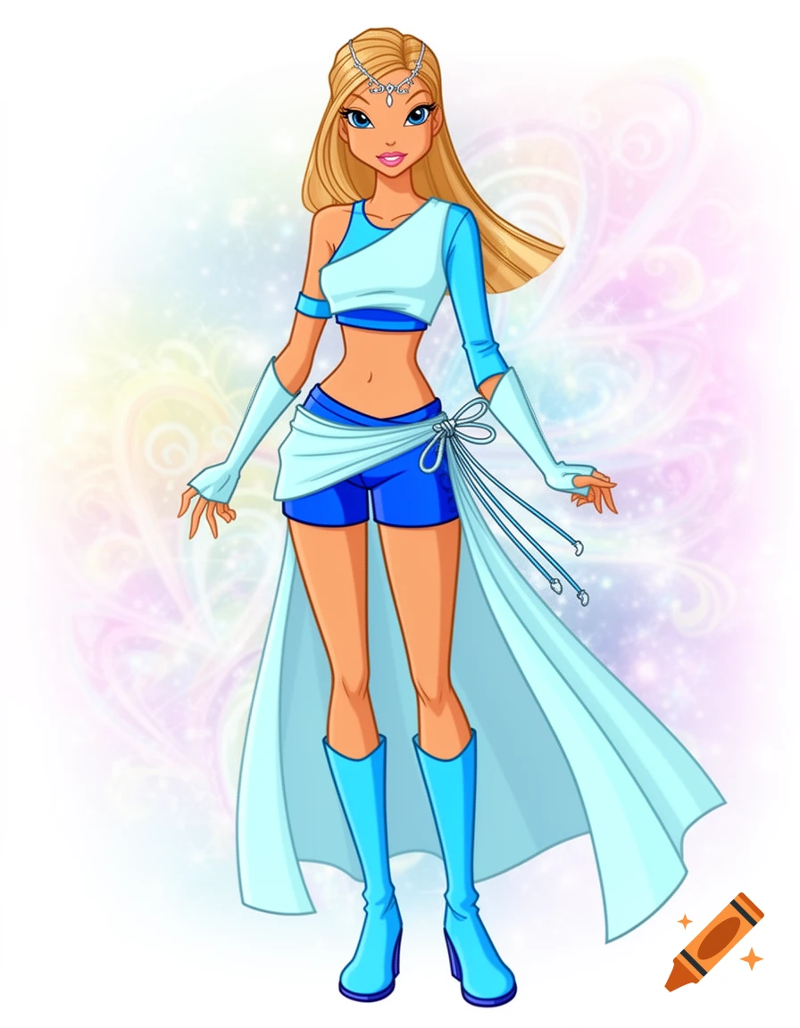 A blonde animated female character in a light blue and royal blue crop top, shorts, and long skirt with a silver headband, in Winx Club style.