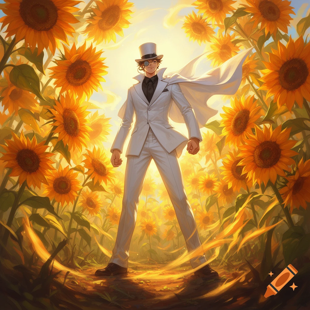 Anime character Kaitou Kid in a white suit and top hat stands confidently in a vibrant field of sunflowers.