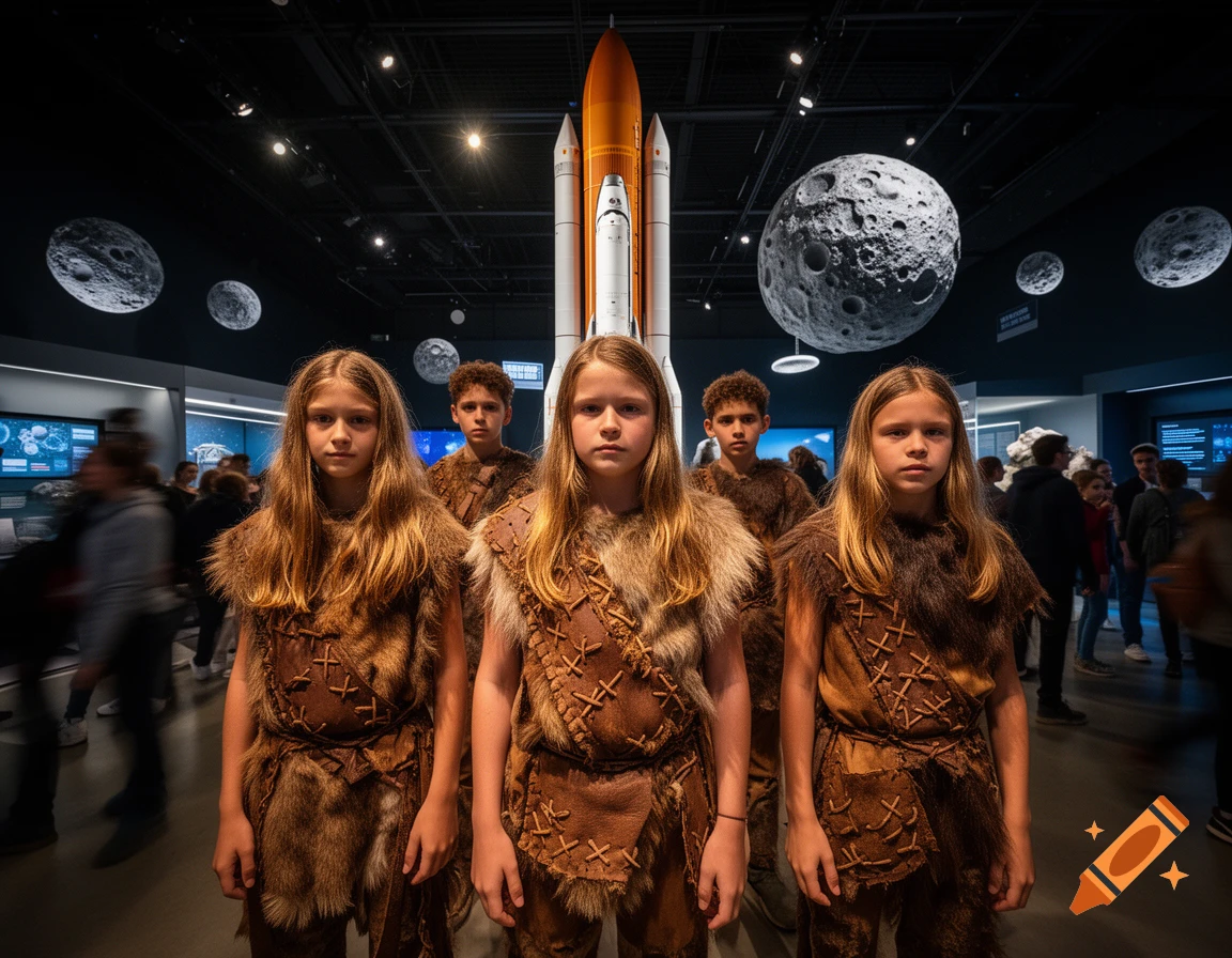 Four children dressed as cavemen stand in a space and science museum with a rocket and moons in the background.