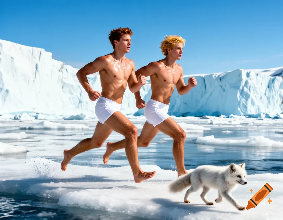 Two muscular shirtless men in white shorts run barefoot on ice with a white arctic fox; icebergs in the background, clear blue sky. Photorealistic.