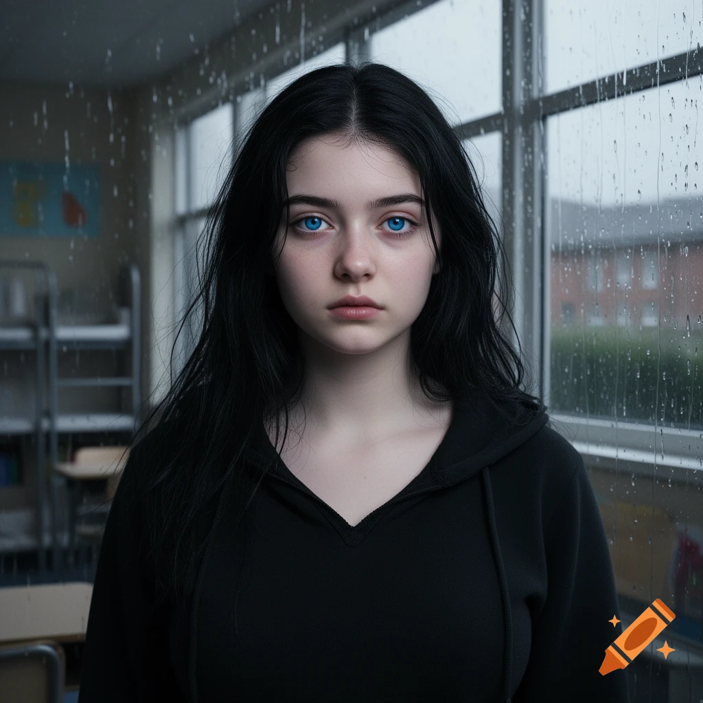 Photorealistic portrait of a young woman with long black hair and bright blue eyes, wearing a black hoodie, in front of a rainy window.