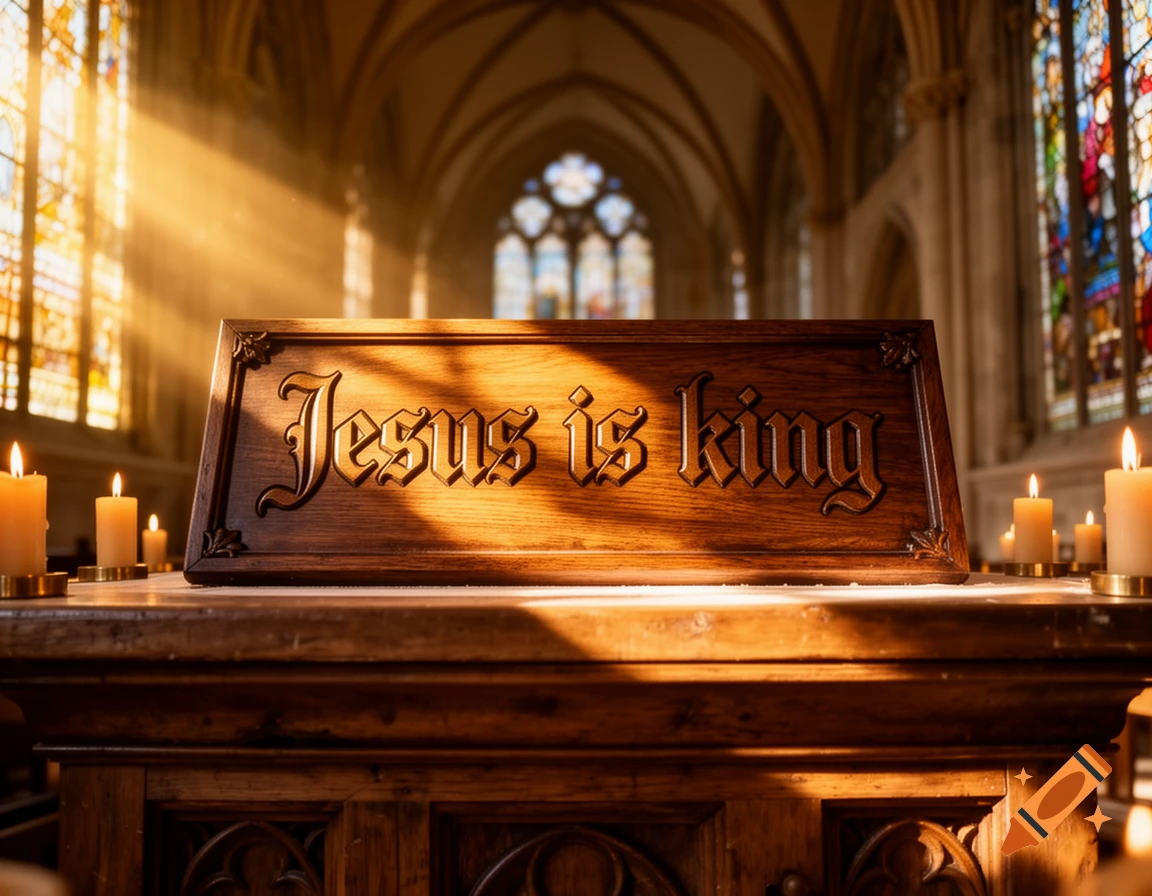 A wooden sign saying 'Jesus is king' on an altar in a sunlit church with stained glass windows and lit candles.