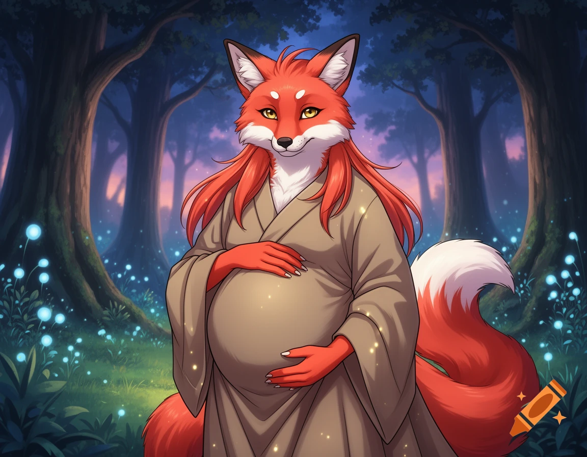 Anime style pregnant red fox furry in a brown robe, holding its belly in a magical forest with glowing blue plants.