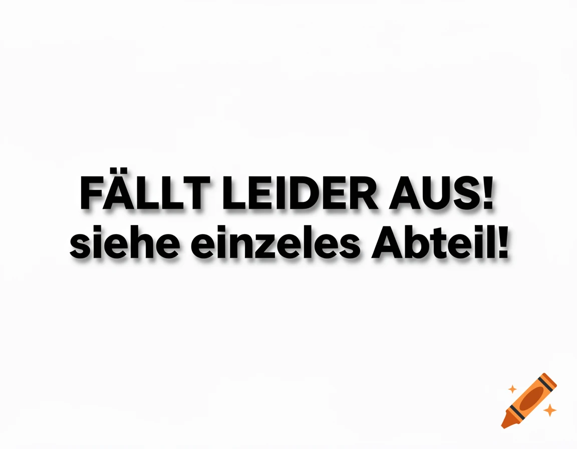 Black text with a shadow reads 'FÄLLT LEIDER AUS! siehe einzeles Abteil!' on a white background.