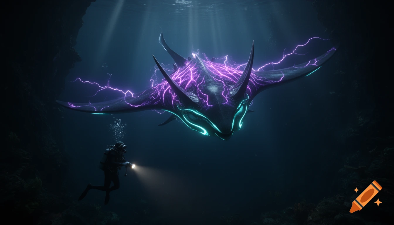 A scuba diver explores a dark deep sea, encountering a massive alien manta-ray creature with pulsing purple lightning and glowing cyan accents.