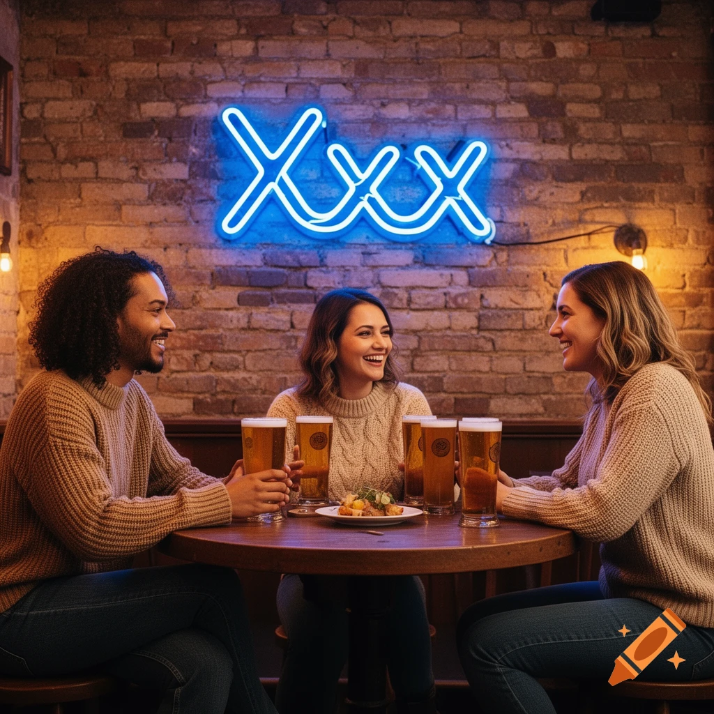 Three friends laughing and drinking beer at a rustic bar with a blue XXX neon sign on the brick wall.