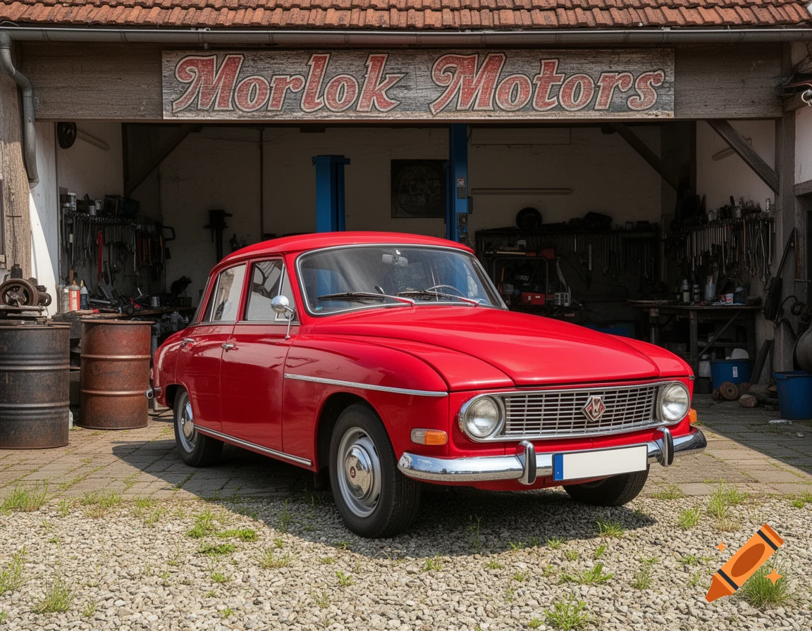 A photorealistic image of a classic red car parked on a gravel driveway in front of a 'Morlok Motors' garage.