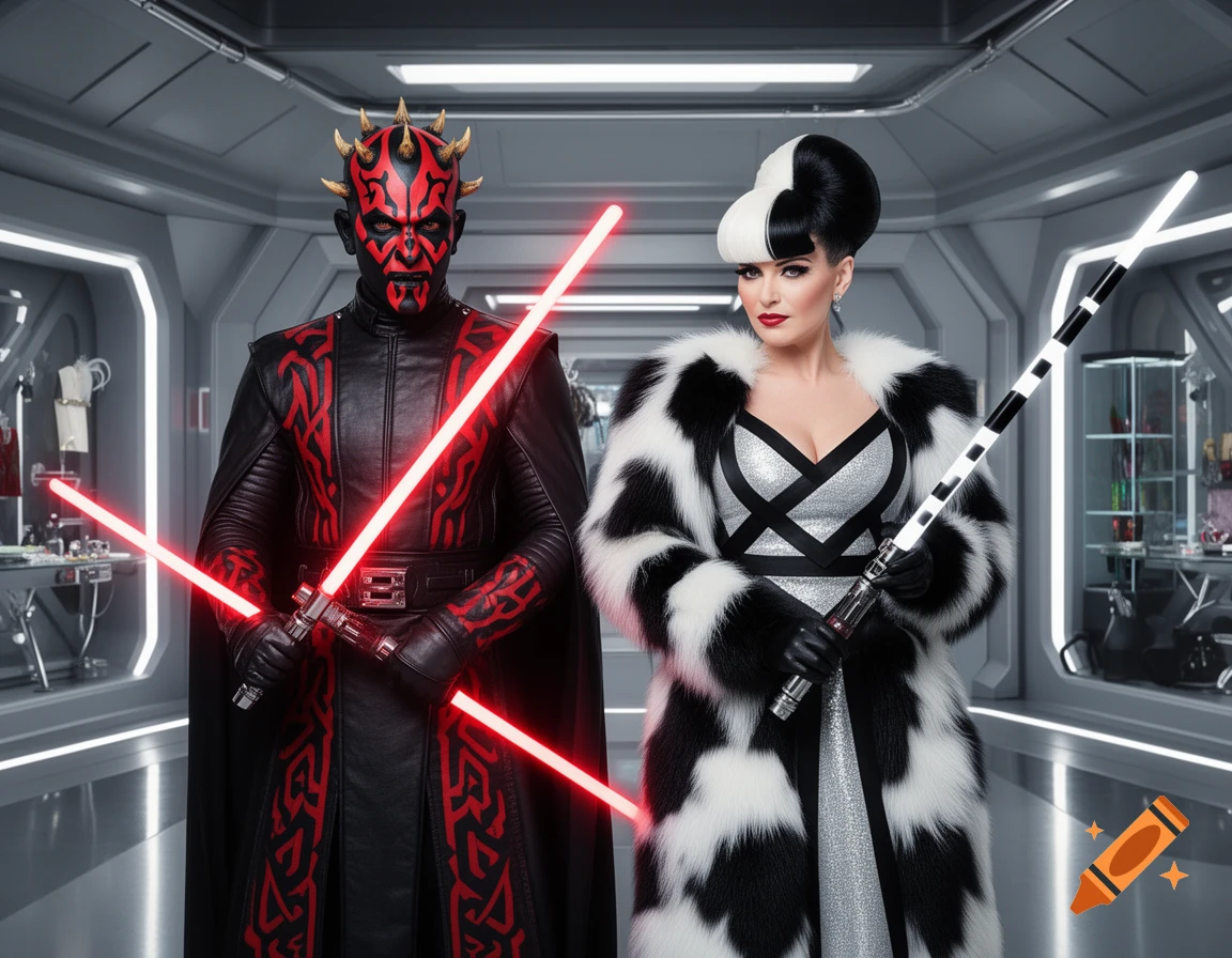 Darth Maul and Cruella de Vil in villain couture, holding sabers in a futuristic setting.