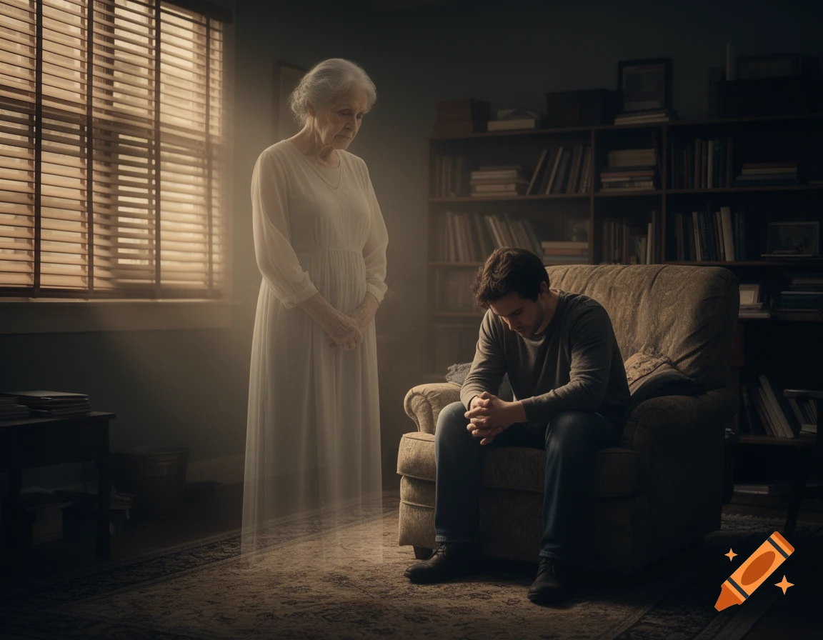 A ghost-like older woman in white hovers over a sad man sitting in an armchair in a dimly lit room.