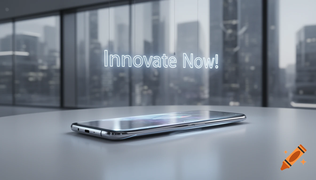 A sleek, futuristic smartphone lies on a white table in an office, with a city skyline outside the window and glowing 'Innovate Now!' text.