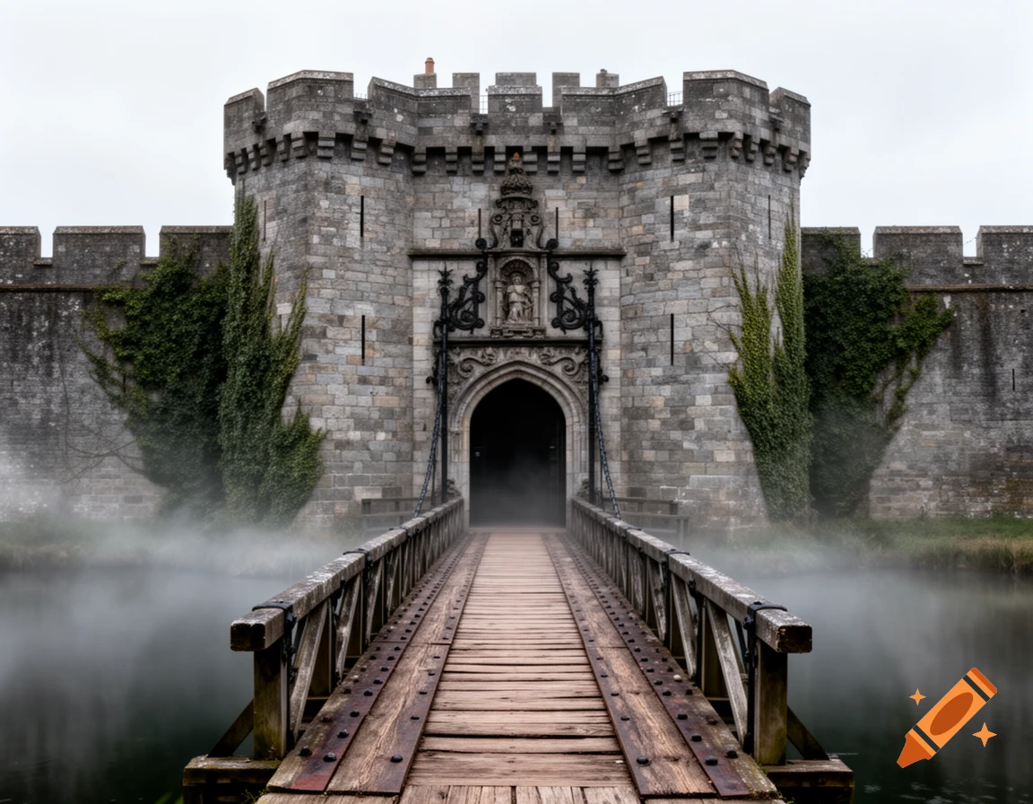 Photorealistic image of a stone castle with an entrance portal and a wooden drawbridge extending over a misty moat.