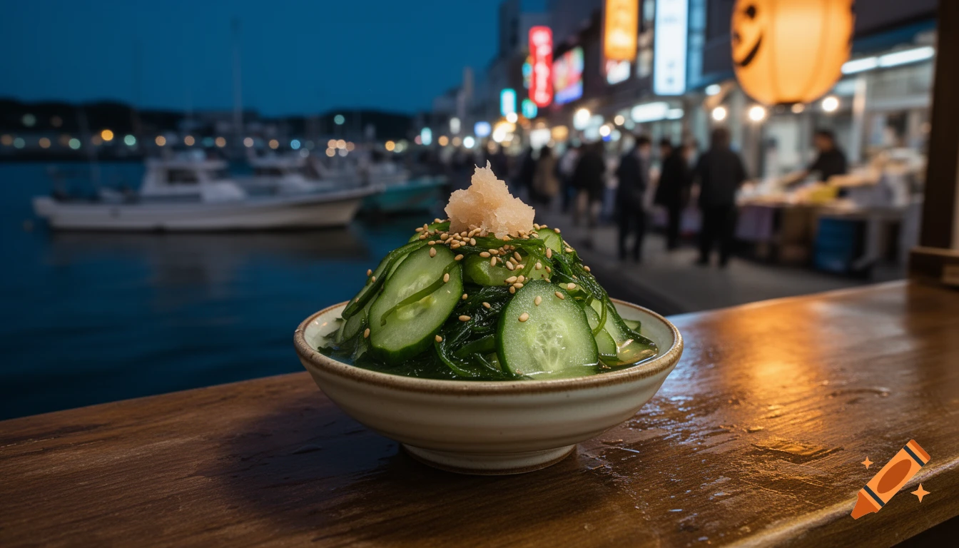 A bowl of sunomono (cucumber salad) with ginger and sesame on a wet wooden counter at a Japanese night market by the water.