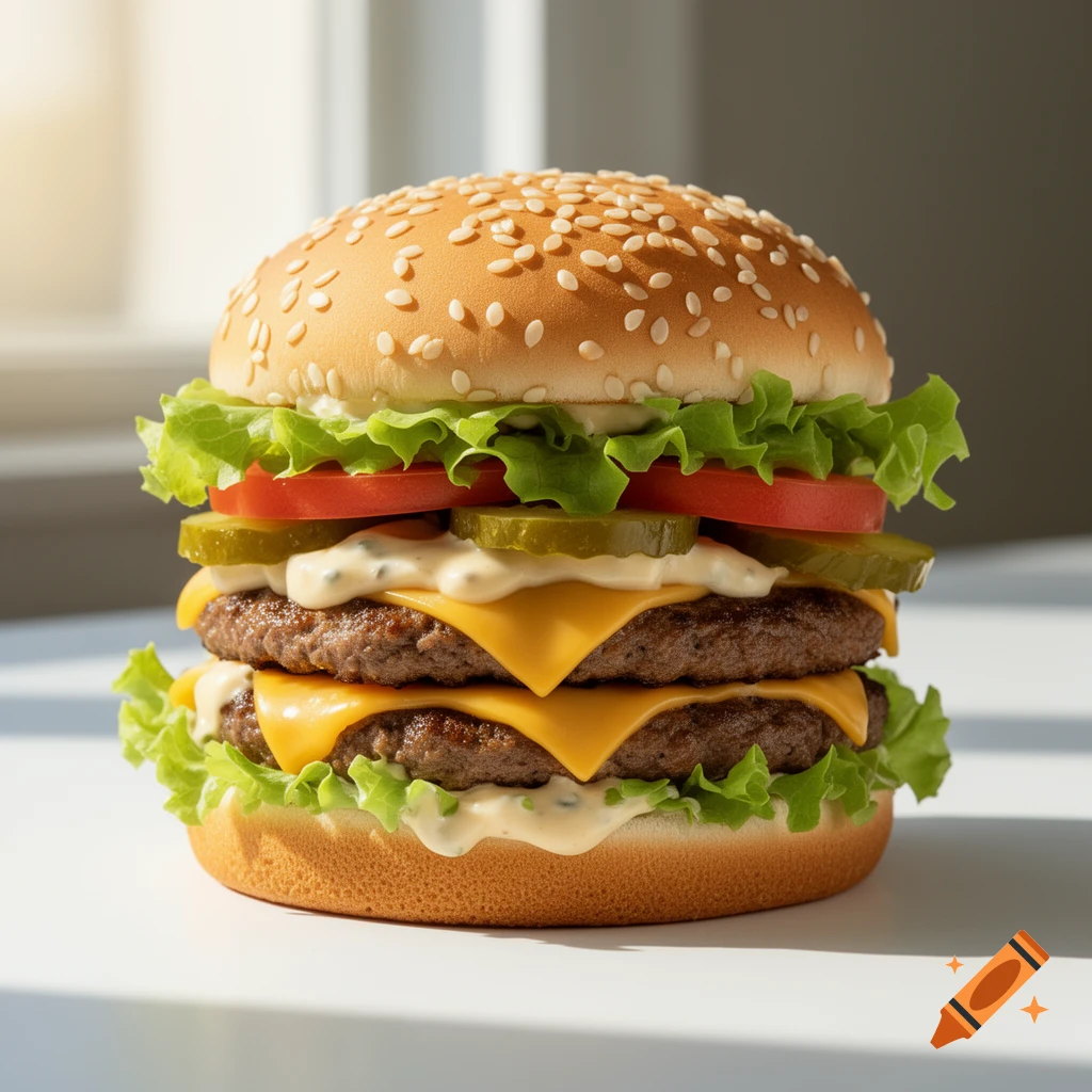 Close-up of a tall double cheeseburger with sesame seed bun, lettuce, tomato, pickles, cheese, and special sauce.