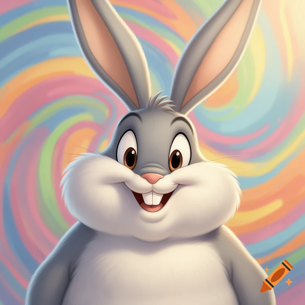 A chubby, smiling Bugs Bunny cartoon character with large ears against a colorful, swirled background.