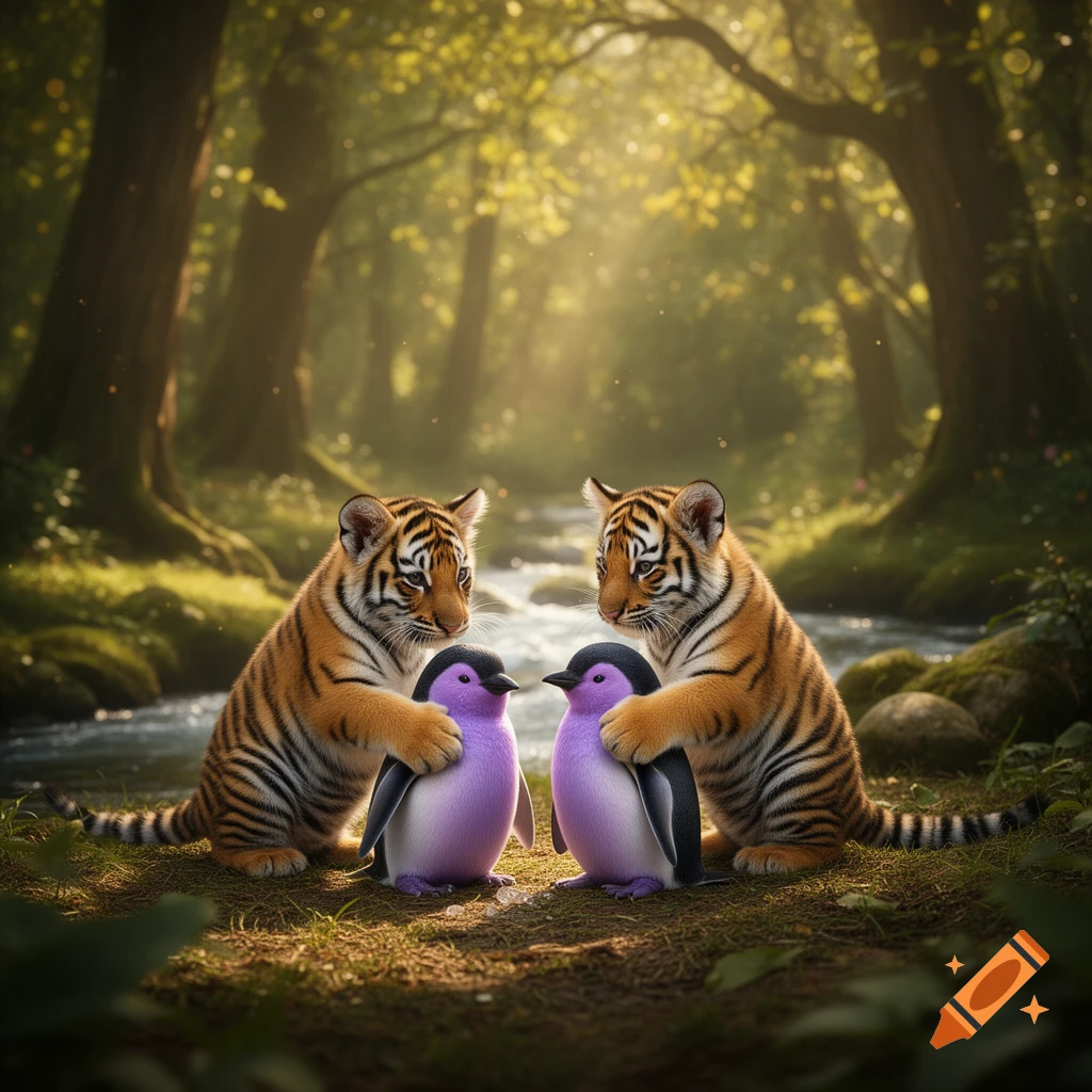 Two small tiger cubs gently hold two purple penguins in a sun-dappled forest near a stream, photorealistic style.