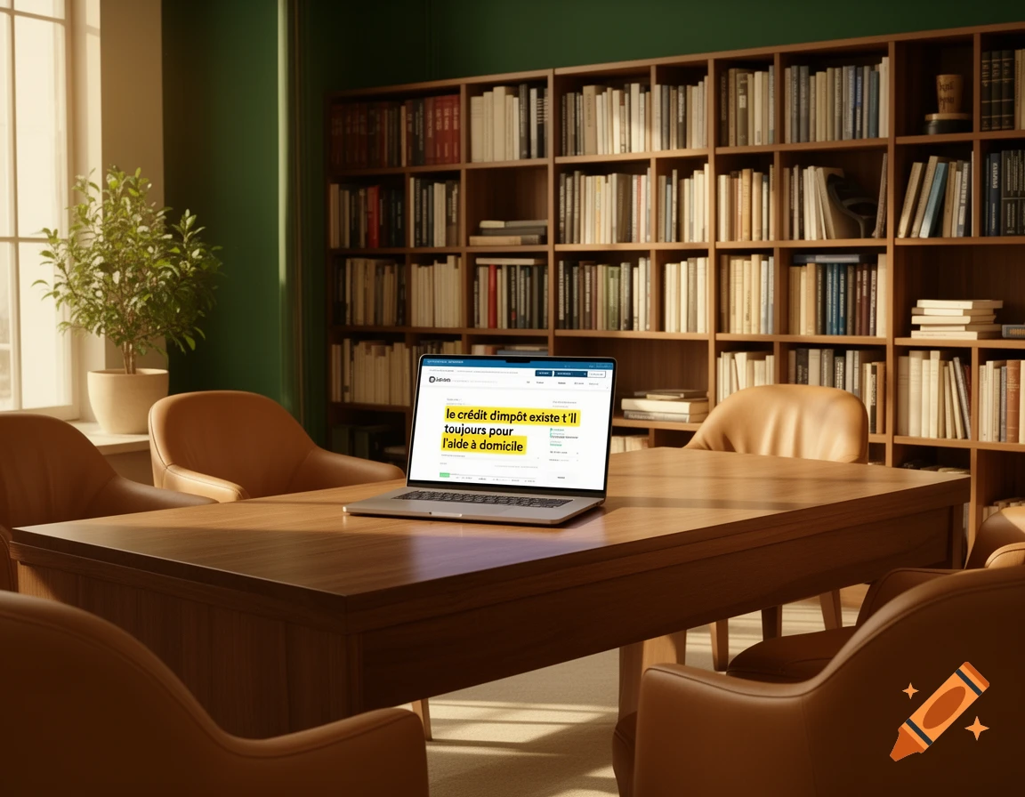 A photorealistic image of a laptop on a large wooden table with leather chairs and a wall of bookshelves in a sunlit room.