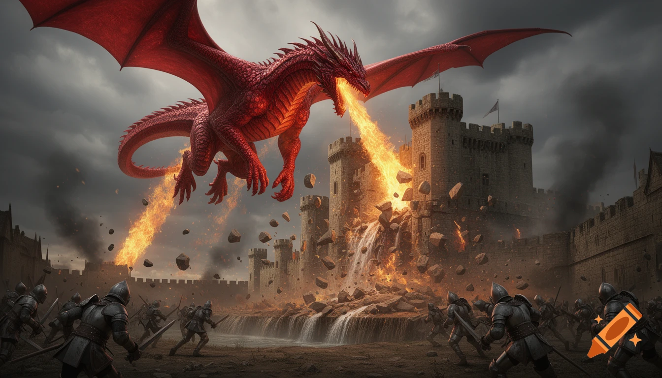 A large red dragon spews fire, destroying a stone castle as knights engage in battle below, in a dramatic fantasy illustration.