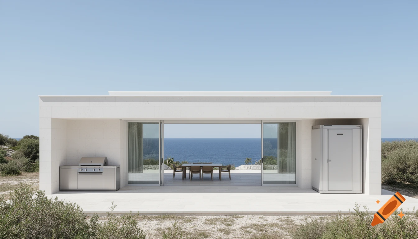 Photorealistic modern white minimalist coastal house with a glass facade, outdoor kitchen, and bathroom units, overlooking the blue sea.