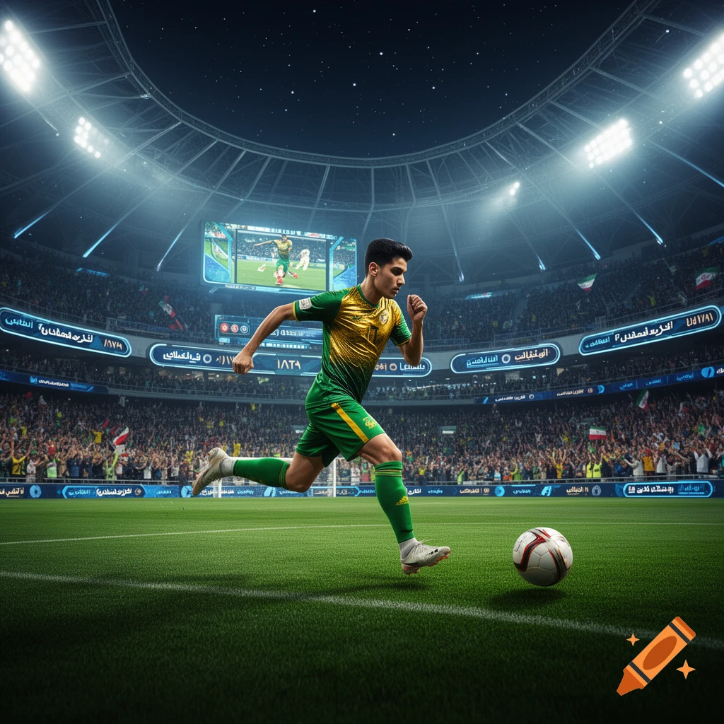 A photorealistic image of a young male football player in a green and gold uniform running with a soccer ball on a green field in a large, brightly lit stadium filled with spectators at night.