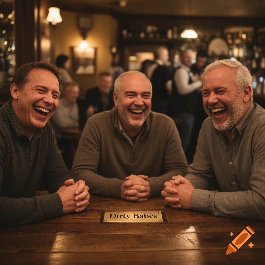 Three laughing men sit at a wooden table with a 'Dirty Babes' plaque in a warm, dimly lit pub.