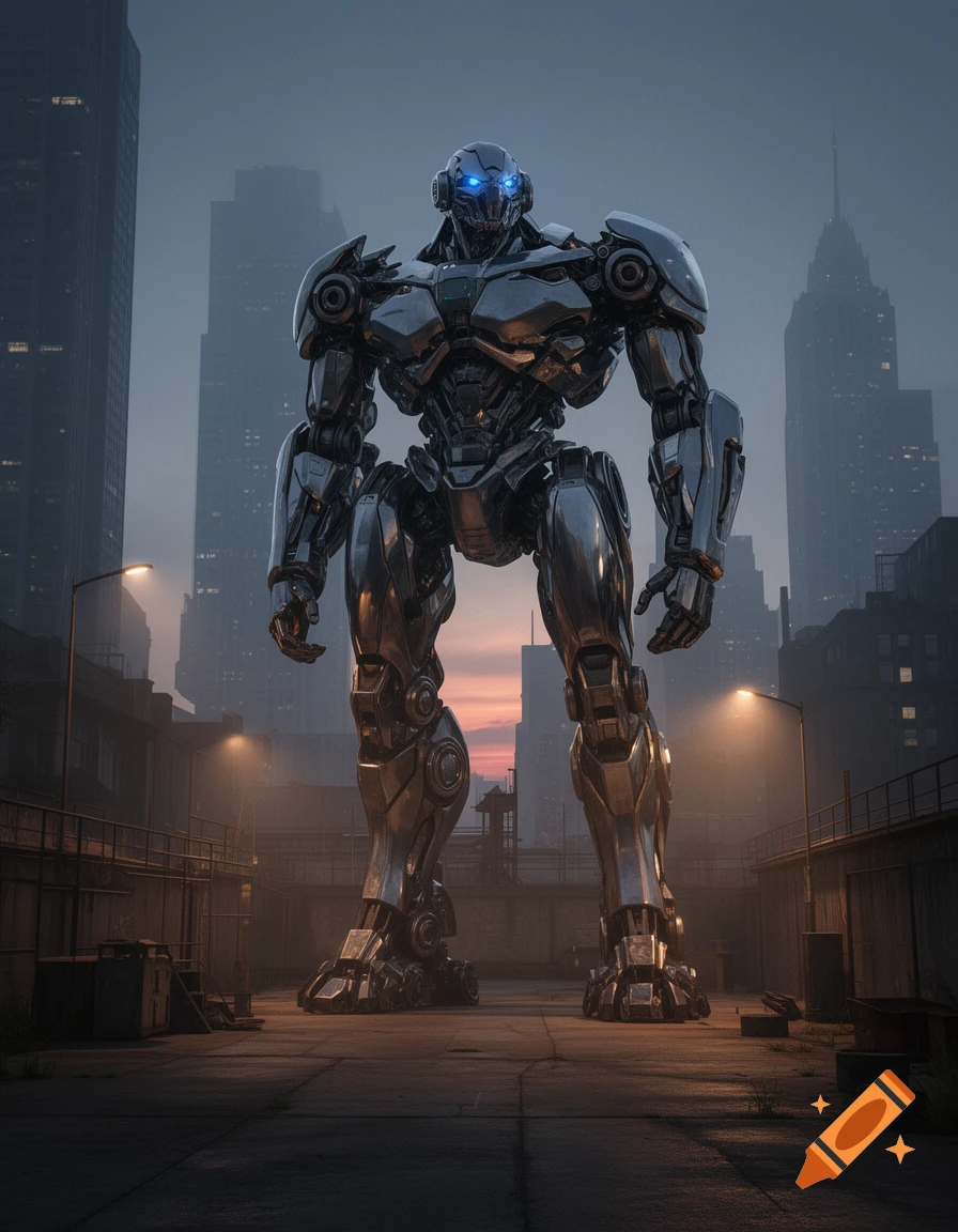 A massive silver and grey robot with glowing blue eyes stands in an urban street at dusk, surrounded by tall city buildings.