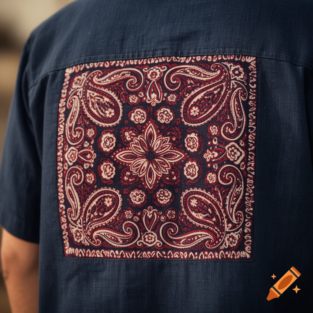 Close-up of the back of a navy blue shirt featuring a large red and white paisley bandana print.