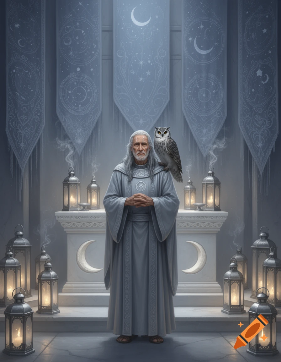 An old priest in simple robes stands in a shrine with an owl on his shoulder, surrounded by glowing lanterns and banners with celestial symbols.