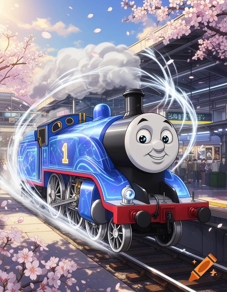 Thomas the Tank Engine reimagined in an anime style, glowing and speeding through a cherry blossom-filled train station.