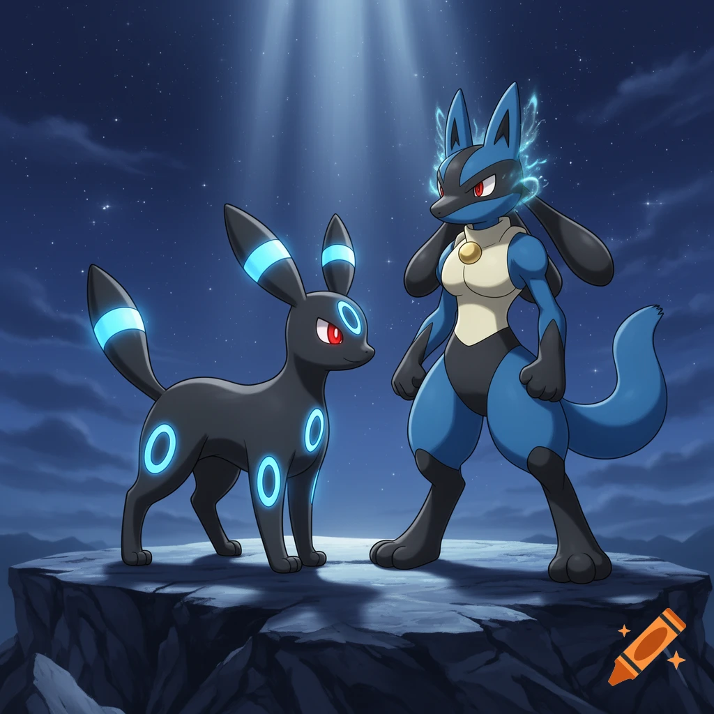 A shiny Umbreon and Lucario stand on a rocky cliff under a starry night sky with moonbeams.