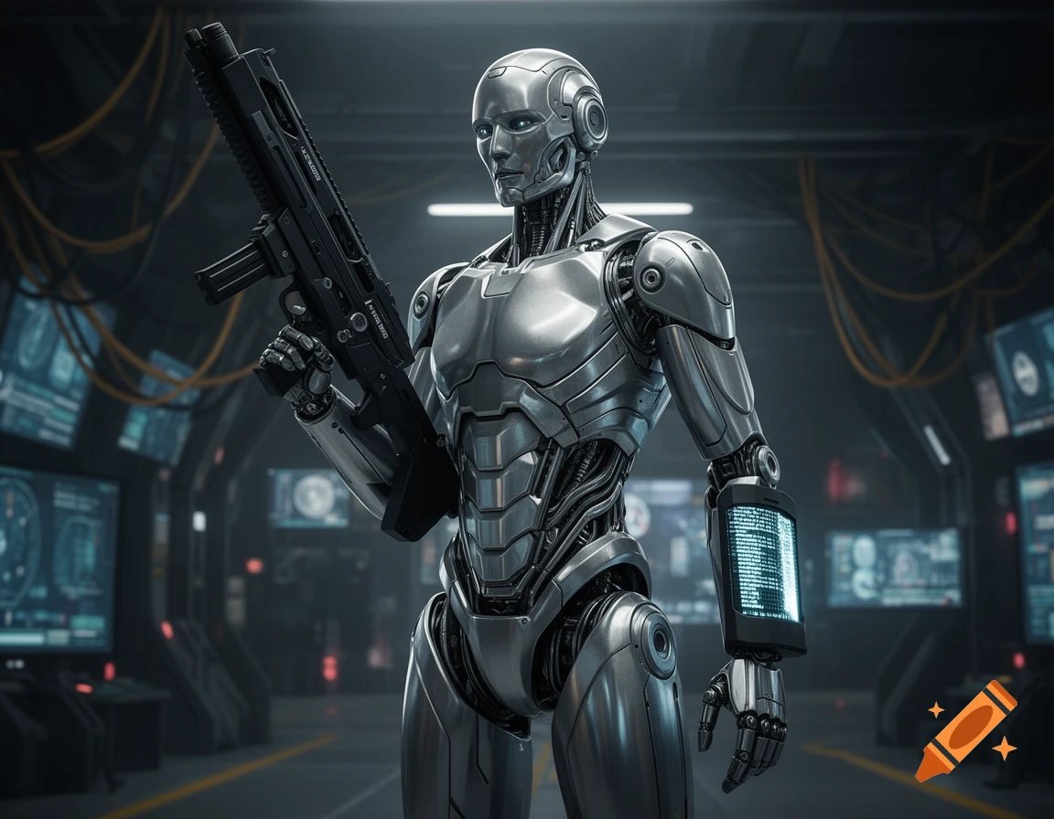 A photorealistic silver robot with glowing blue eyes stands in a futuristic control room, holding a black rifle.