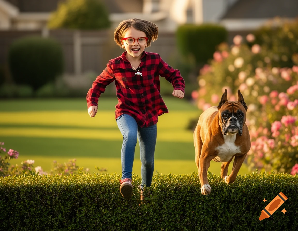 A smiling girl in glasses and a plaid shirt runs and jumps over a hedge with a Boxer dog in a sunny garden.